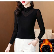 批发2025冬季加绒加厚新品蕾丝网纱荷叶边修身百搭洋气高领打底衫