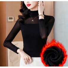 批发2025秋冬加绒加厚修身显瘦高领时尚百搭网纱拼接洋气<b class='q'>长袖</b>打底衫女