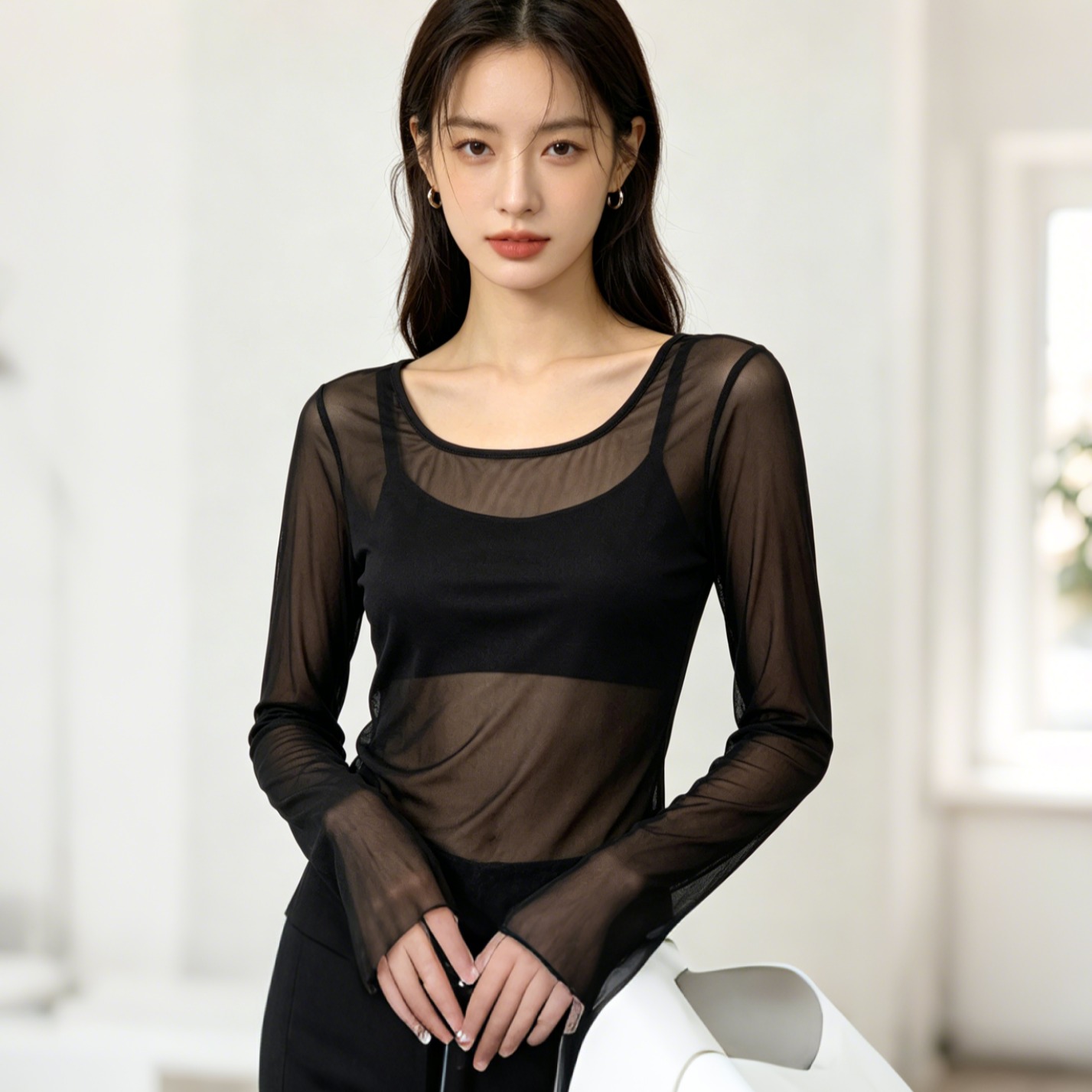 순수한 욕망 바람 검정색 마이크로 ~을 통해 망사 기본 셔츠 여성 여름 얇은 스타일 라운드 넥 긴팔 자외선 차단 블라우스