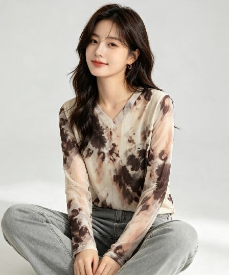 가을 신제품 레이스 기본 셔츠 여성 외국 가스 V넥 한국 스타일 몸매 가꾸기 슬림해 보이는 품격 망사 인사이드 가져 가라. 긴팔 맨위