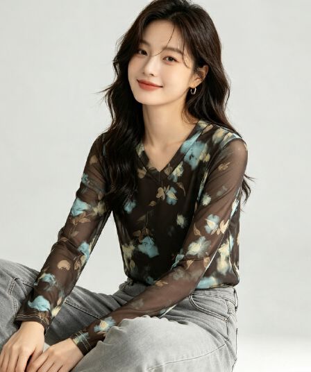 가을 신제품 레이스 기본 셔츠 여성 외국 가스 V넥 한국 스타일 몸매 가꾸기 슬림해 보이는 품격 망사 인사이드 가져 가라. 긴팔 맨위