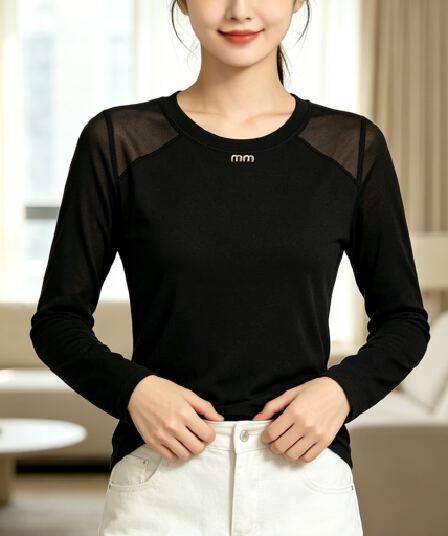 가을 신제품 레이스 기본 셔츠 여성 외국 가스 라운드 넥 한국 스타일 몸매 가꾸기 슬림해 보이는 품격 망사 인사이드 가져 가라. 긴팔 맨위