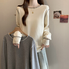 批发<b class='q'>大码</b>女装秋冬明线撞色针织衫女胖mm宽松遮肉圆领内搭外穿简约上衣