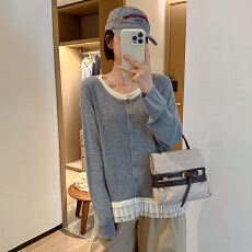批发<b class='q'>大码</b>女装秋冬温柔系外搭假两件木耳边下摆针织衫女胖mm毛衣小外套