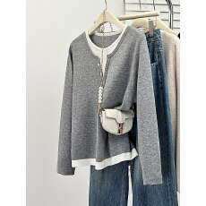 批发2025年大码女装<b class='q'>秋</b>冬韩版假两件针织打底衫胖妹妹mm毛衣长袖上衣女