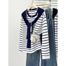 批发2025年大码女装<b class='q'>秋</b>冬新款海军领针织衫胖mm百搭披肩毛衣条纹上衣女