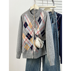 批发实拍 2025年大码女装<b class='q'>秋</b>冬新款格子针织衫小外套胖妹妹mm毛衣外搭
