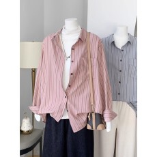 批发韩版宽松慵懒风条纹<b class='q'>衬衫</b>女春季<b class='q'>长袖</b>翻领百搭叠穿<b class='q'>男</b>友风通勤上衣