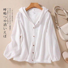 批发文艺纯色棉麻衬衫女春秋季大码宽松百搭衬衣胖MM连帽<b class='q'>开衫</b>长袖上衣