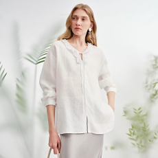 批发法式荷叶边v领亚麻<b class='q'>白色</b><b class='q'>衬衫</b>女士26春透气高级设计感长袖上衣
