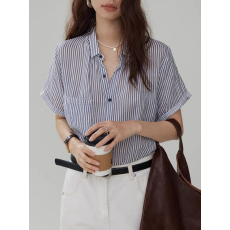 批发2026年夏季新款慵懒松弛感条纹短袖衬衫<b class='q'>女</b>薄款高级感气质衬衣上衣