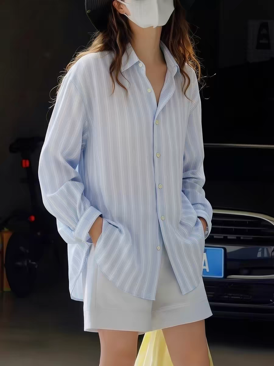 느긋한 바람 캐주얼 파란색 스트라이프 POLO 칼라 긴팔 여성 셔츠 2026 봄 여름 다용도 루즈핏 자외선 차단 맨위