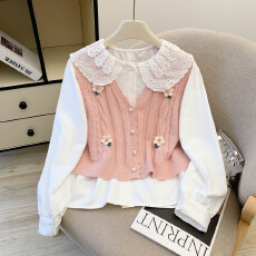 批发小清新穿搭<b class='q'>韩版</b>宽松娃娃领长袖衬衫+针织立体花朵马甲背心两件套