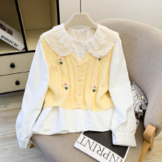 批发小清新穿搭<b class='q'>韩版</b>宽松娃娃领长袖衬衫+针织立体花朵马甲背心两件套