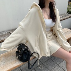 批发已出货   纯色宽松落肩开衫卫衣+高腰短裙套装  两件套