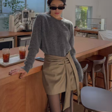 批发休闲显瘦百搭打结捏褶A字半身短裙