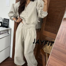 批发加绒纯色V领系扣泡泡袖外套上衣宽松抽绳束脚长裤套装