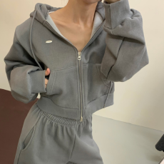 批发ins网红  穿搭一整套加绒连帽拉链外套+休闲阔腿裤 两件套