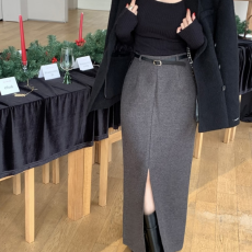 批发高级感开叉毛呢含皮带显瘦A字<b class='q'>包臀</b>中长款<b class='q'>半身</b>裙 女