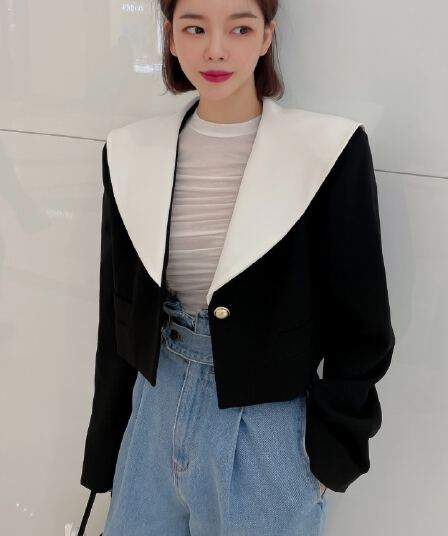 있음 선적 품격 작은 샤넬 스타일 폴로 칼라 단추 한 알 쇼트 스타일 정장 작은 외투