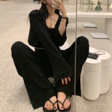 批发原版肩吊带背心+开衫外套+直筒垂坠感长裤女时尚套装 3件套