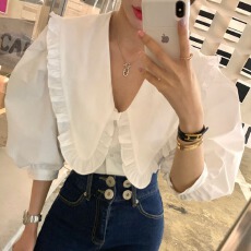 批发原版已出货     气质<b class='q'>娃娃领</b><b class='q'>衬衫</b>百搭泡泡袖韩版荷叶边上衣女