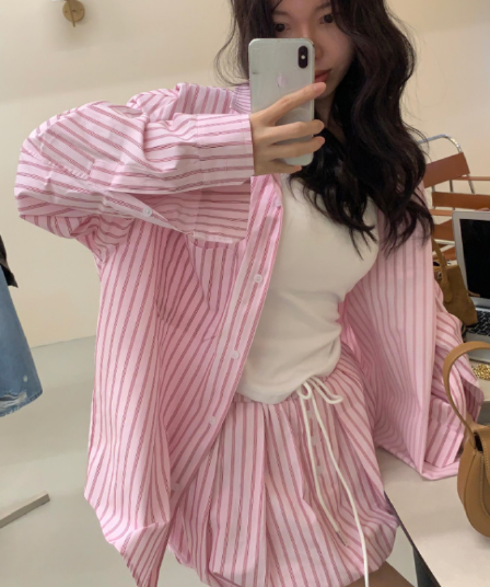 있음 선적 가을 프랑스식 스트라이프 긴팔 셔츠 허리밴드 반신 스커트 바지 2 세트