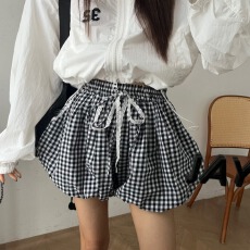 批发已出货     撞色格子高腰休闲短裤显瘦小个子热裤