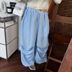 批发新款  工装风抽绳褶皱条纹休闲阔腿<b class='q'>长裤</b>