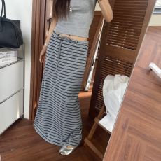 批发韩系文艺风撞色<b class='q'>条纹</b>系带休闲简约A字半身长裙