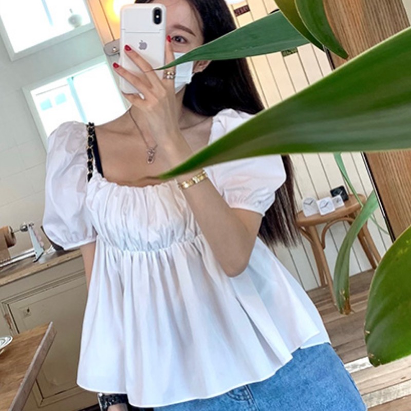 있음 선적 거품 소매 광장 칼라 풀오버 주름 몸매 가꾸기 백리스 다용도 맨위 여성