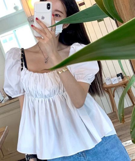 있음 선적 거품 소매 광장 칼라 풀오버 주름 몸매 가꾸기 백리스 다용도 맨위 여성