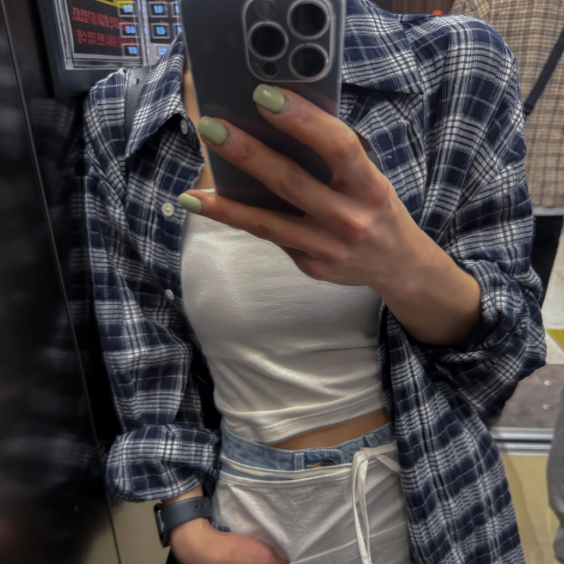 있음 선적 패션 폴로 칼라 싱글 줄 버튼 패치워크 색상 체크무늬 긴팔 셔츠