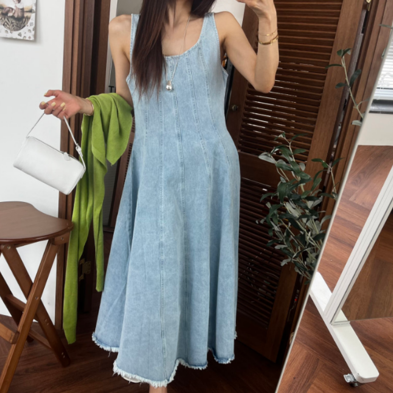 있음 선적 봄 여성 의류 데님 외국 가스 캐주얼 민소매 드레스