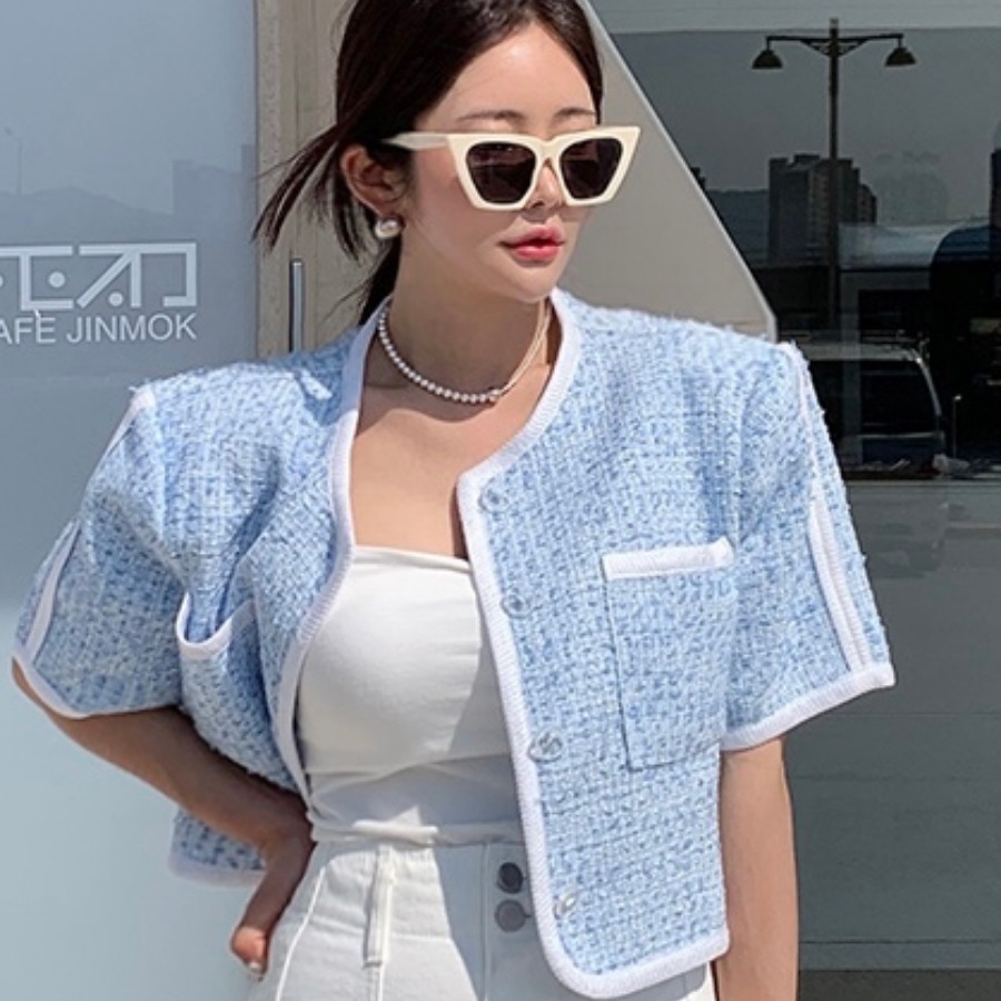 있음 선적 작은 샤넬 스타일 테두리 패치워크 색상 반팔 재킷