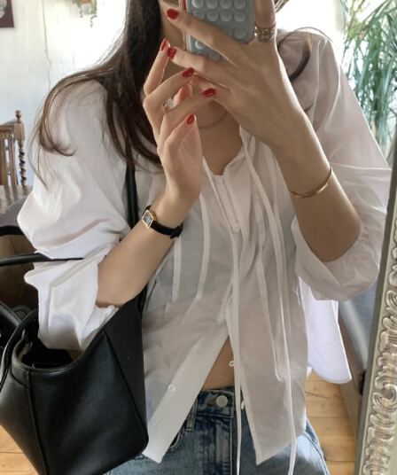 있음 선적 레이스업 레이스 칼라 디자인 센스 셔츠