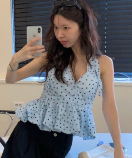 있음 선적 섹시함 백리스 스트랩 행침 목 V넥 도트 무늬 맨위