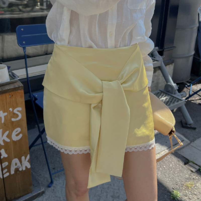 새로운 레이스 측면 훅 레이스업 나비 매듭 허리 짧은 바지