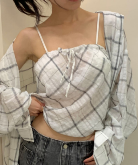 있음 선적 새로운 체크무늬 레이스업 튜브탑 조끼 얇고 가벼운 폴로 칼라 긴팔 셔츠 투피스 세트
