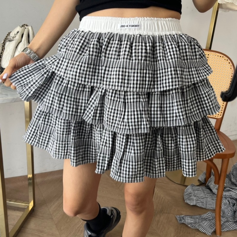 있음 선적 레트로 싸움 그리드 케이크 퍼프 미니 스커트 클래식 체크무늬 한 마디 반신 스커트