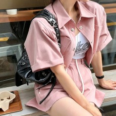 批发已出货     翻领短袖毛边衬衫+系带毛边宽松短裤  两件套