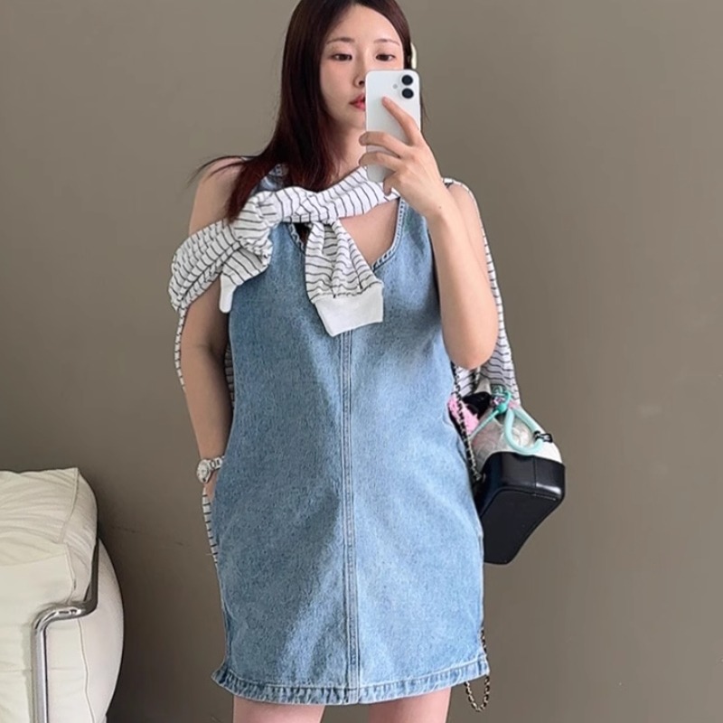 있음 선적 조끼 스커트 워싱 블루 루즈핏 작은 키 a 글꼴 민소매 데님 여성 드레스
