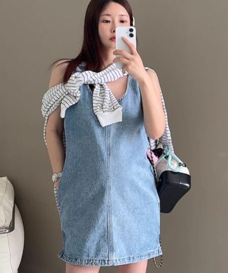 있음 선적 조끼 스커트 워싱 블루 루즈핏 작은 키 a 글꼴 민소매 데님 여성 드레스