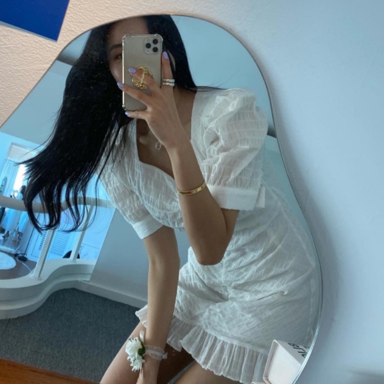 있음 선적 프랑스식 거품 소매 이후 지퍼 드레스 미니 스커트