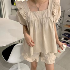 批发已出货     短袖女睡衣套头方领荷叶边可外穿家居服套装