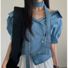 批发新款  夏季翻领含脖带不对称牛仔外套