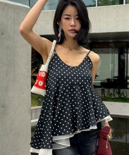 있음 선적 불규칙 경 사진 밑단 이중층 프릴 도트 무늬 캐미솔