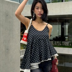 批发已出货    不规则斜边下摆<b class='q'>双层</b>荷叶边波点吊带<b class='q'>背心</b>