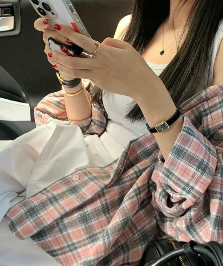 있음 선적 레트로 체크무늬 긴팔 여성 셔츠 느긋한 바람 루즈핏 캐주얼 재킷