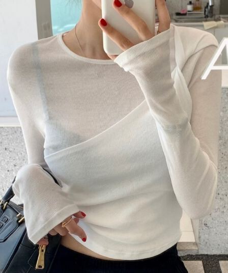 있음 선적 비틀림 페이크 레이어드 리브 몸매 가꾸기 긴팔 기본 셔츠 맨위
